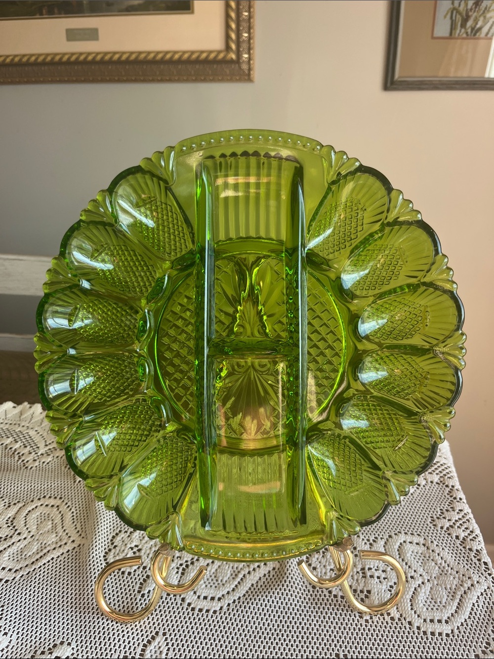 LE Smith Green Deviled Egg Plate Tray Platter Pineapple Glass Plate